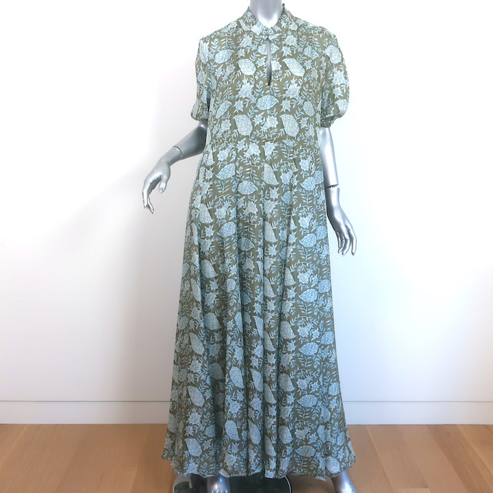 Hannah Artwear Oceanus Belted Maxi Dress Green Leaf Print Silk Size 0