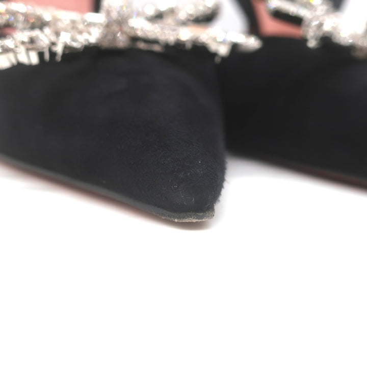 Amina Muaddi Rosie 95 Crystal-Bow Slingback Pumps Black Suede Size 38