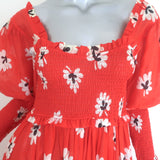 GANNI Linaria Balloon-Sleeve Maxi Dress Red Smocked Floral Print Size 36