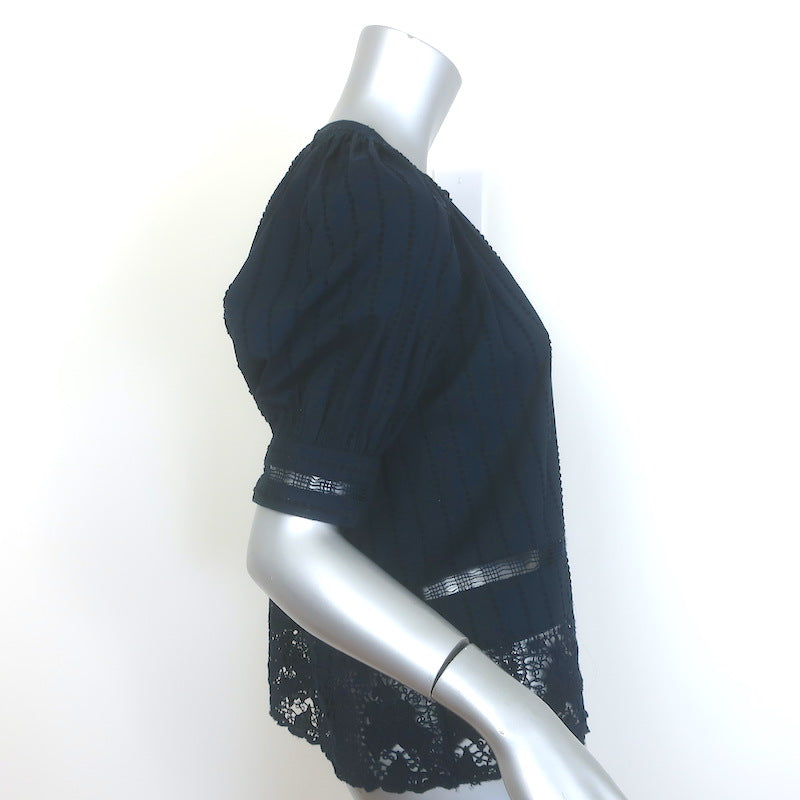 Ulla Johnson Faye Embroidered Puff Sleeve Top Navy Crochet-Trim Cotton Size 8