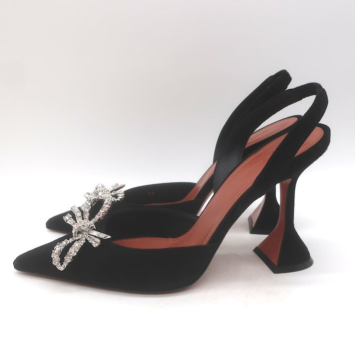 Amina Muaddi Rosie 95 Crystal-Bow Slingback Pumps Black Suede Size 38