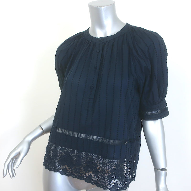 Ulla Johnson Faye Embroidered Puff Sleeve Top Navy Crochet-Trim Cotton Size 8