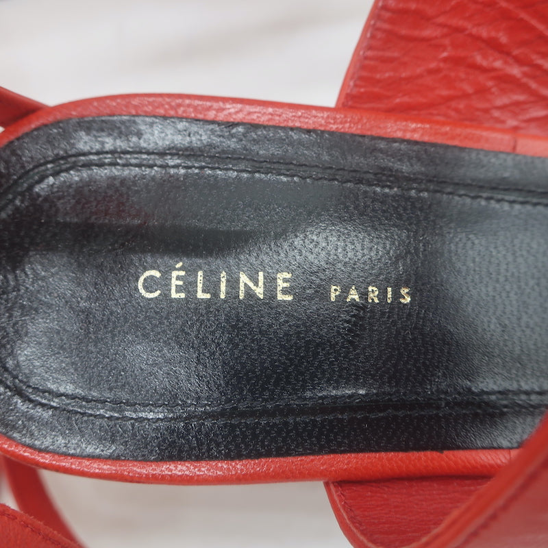 Celine Toe Ring Ankle Wrap Sandals Red Leather Size 37