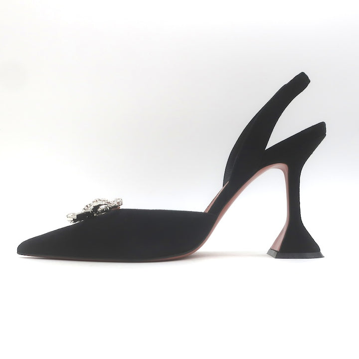 Amina Muaddi Rosie 95 Crystal-Bow Slingback Pumps Black Suede Size 38