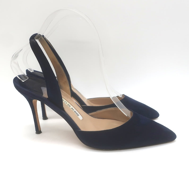 Manolo Blahnik Carolyne Slingback Pumps Navy Suede Size 37