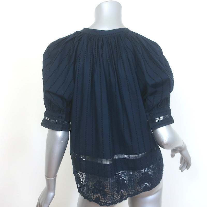 Ulla Johnson Faye Embroidered Puff Sleeve Top Navy Crochet-Trim Cotton Size 8