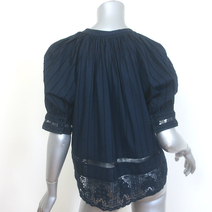 Ulla Johnson Faye Embroidered Puff Sleeve Top Navy Crochet-Trim Cotton Size 8
