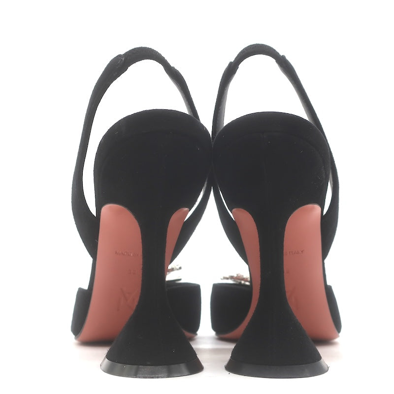 Amina Muaddi Rosie 95 Crystal-Bow Slingback Pumps Black Suede Size 38
