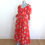 GANNI Linaria Balloon-Sleeve Maxi Dress Red Smocked Floral Print Size 36
