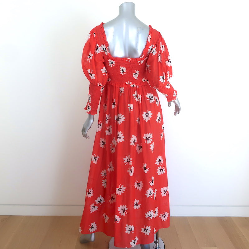 GANNI Linaria Balloon-Sleeve Maxi Dress Red Smocked Floral Print Size 36