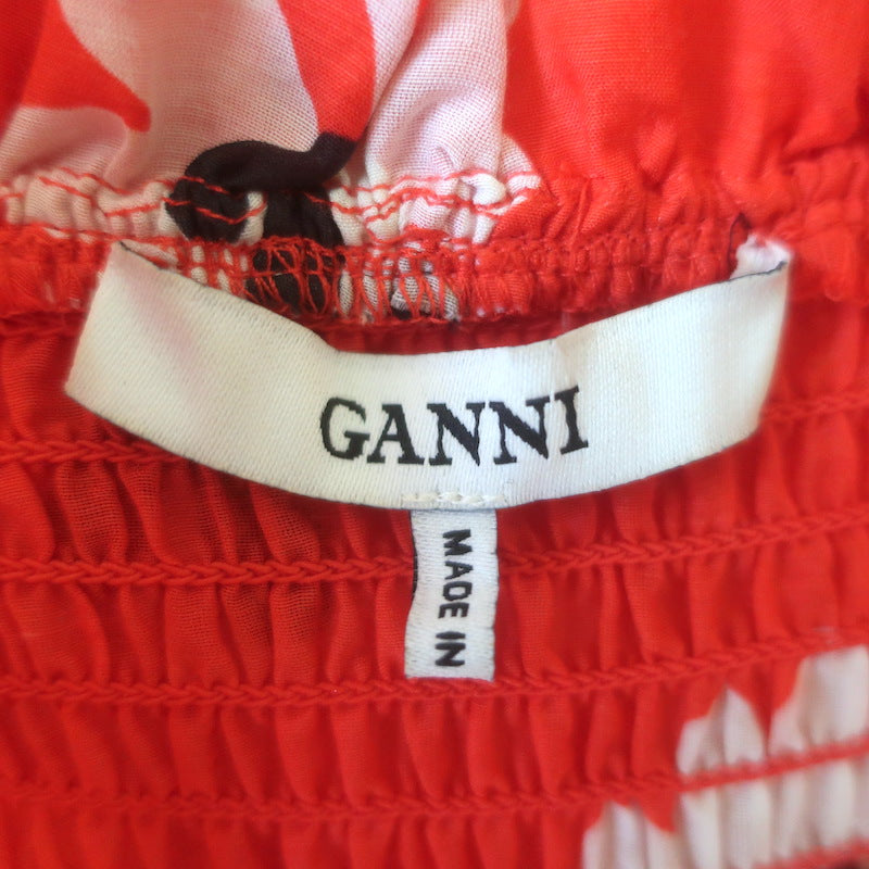 GANNI Linaria Balloon-Sleeve Maxi Dress Red Smocked Floral Print Size 36