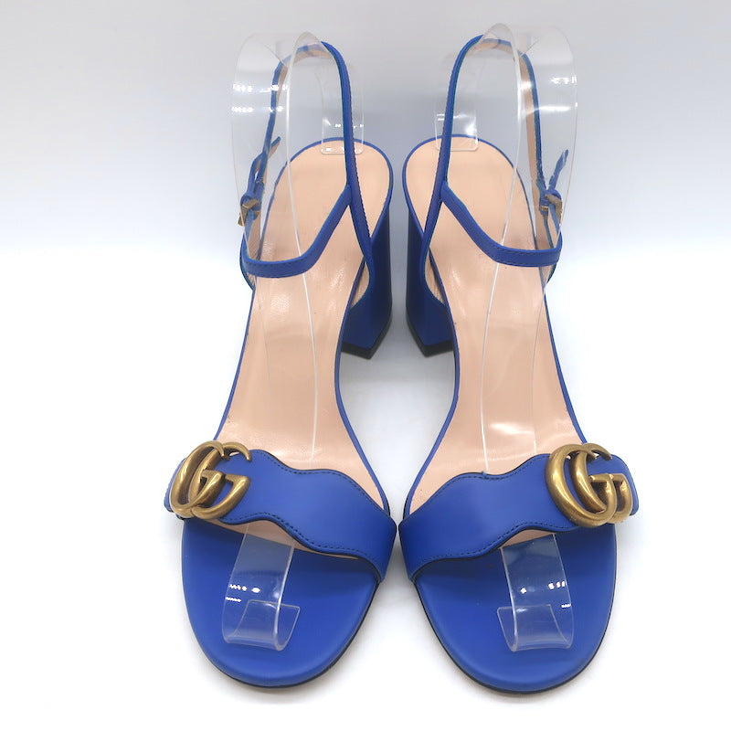 Gucci GG Marmont Ankle Strap Block Heel Sandals Blue Leather Size 38.5