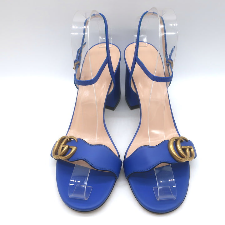 Gucci GG Marmont Ankle Strap Block Heel Sandals Blue Leather Size 38.5