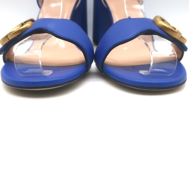 Gucci GG Marmont Ankle Strap Block Heel Sandals Blue Leather Size 38.5