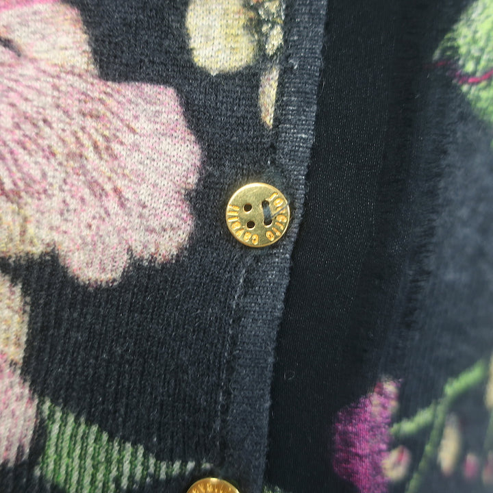 Roberto Cavalli Scoop Neck Silk-Trim Cardigan Black Floral Print Knit Size 40