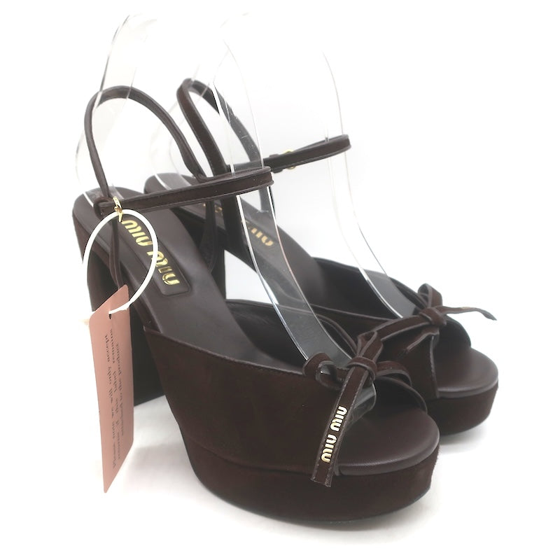 Miu Miu Bow Platform Ankle Strap Sandals Dark Brown Suede Size 38 NEW