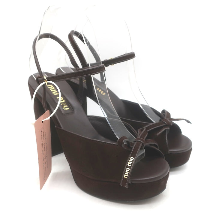 Miu Miu Bow Platform Ankle Strap Sandals Dark Brown Suede Size 38 NEW