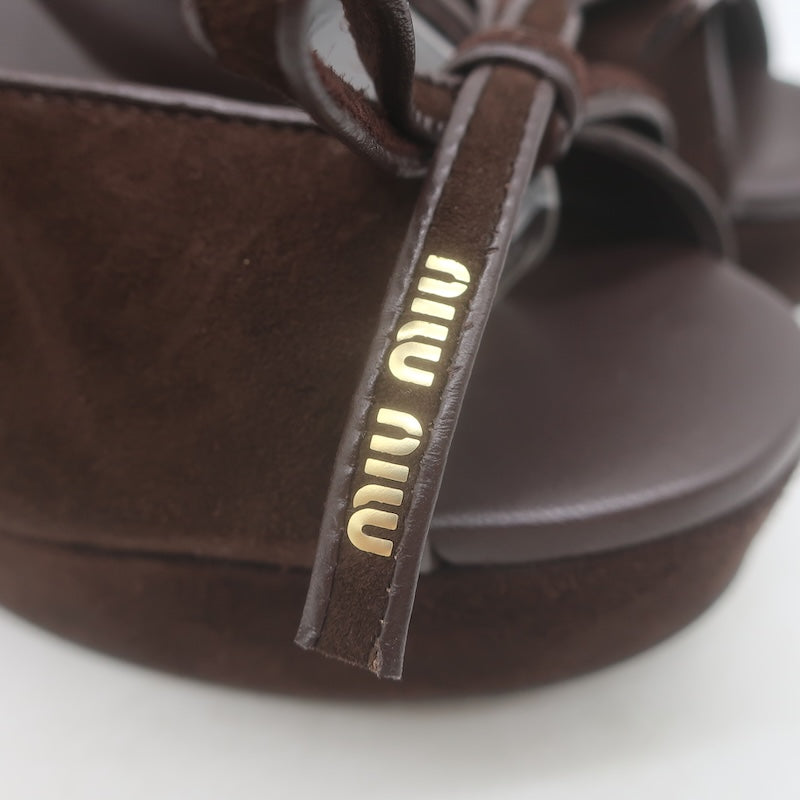 Miu Miu Bow Platform Ankle Strap Sandals Dark Brown Suede Size 38 NEW