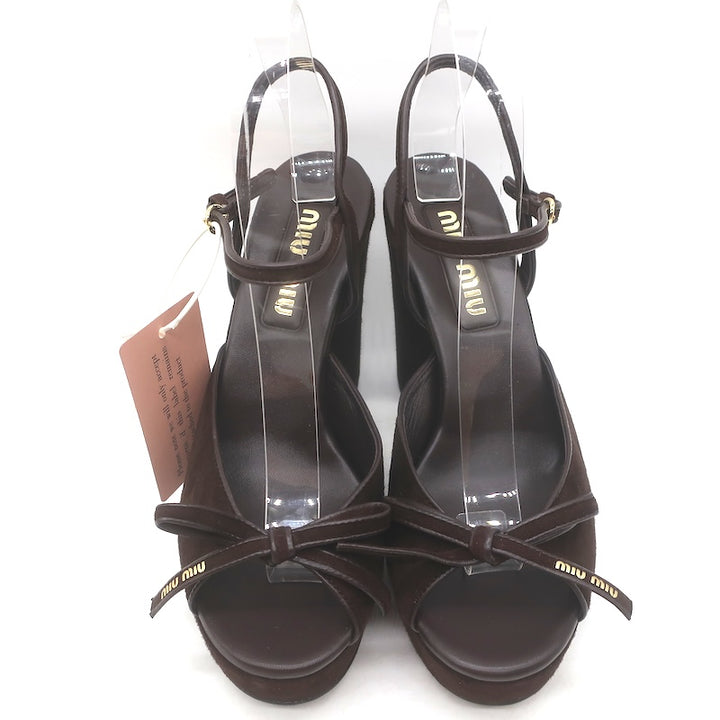 Miu Miu Bow Platform Ankle Strap Sandals Dark Brown Suede Size 38 NEW