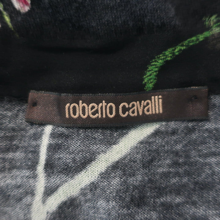 Roberto Cavalli Scoop Neck Silk-Trim Cardigan Black Floral Print Knit Size 40