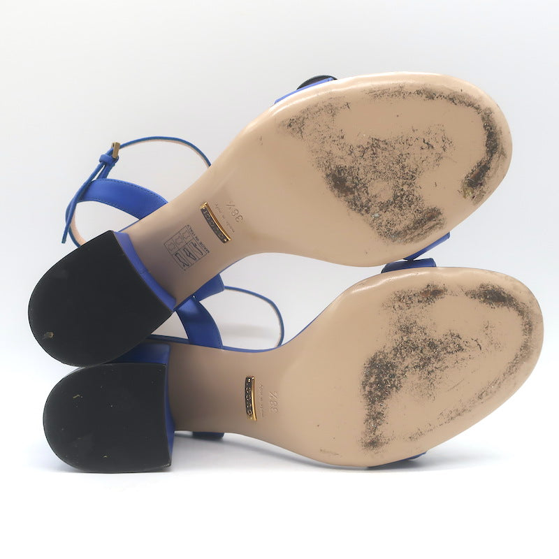 Gucci GG Marmont Ankle Strap Block Heel Sandals Blue Leather Size 38.5