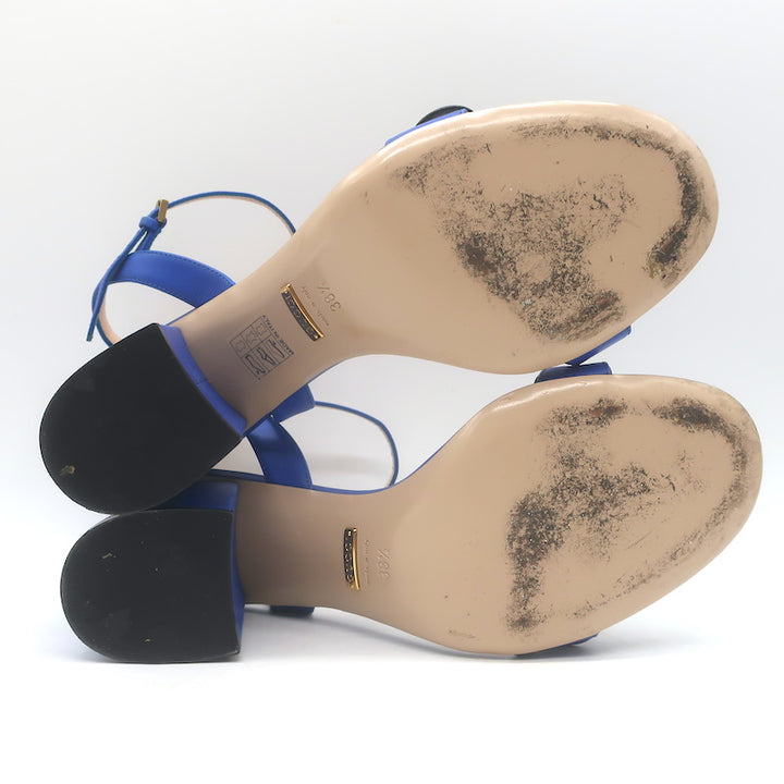 Gucci GG Marmont Ankle Strap Block Heel Sandals Blue Leather Size 38.5
