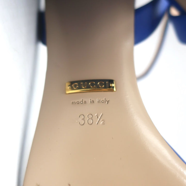 Gucci GG Marmont Ankle Strap Block Heel Sandals Blue Leather Size 38.5