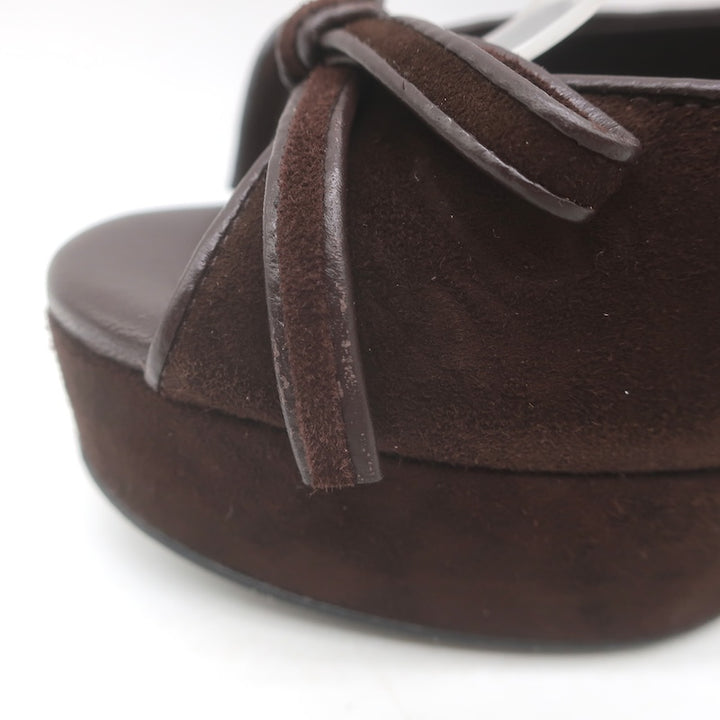Miu Miu Bow Platform Ankle Strap Sandals Dark Brown Suede Size 38 NEW