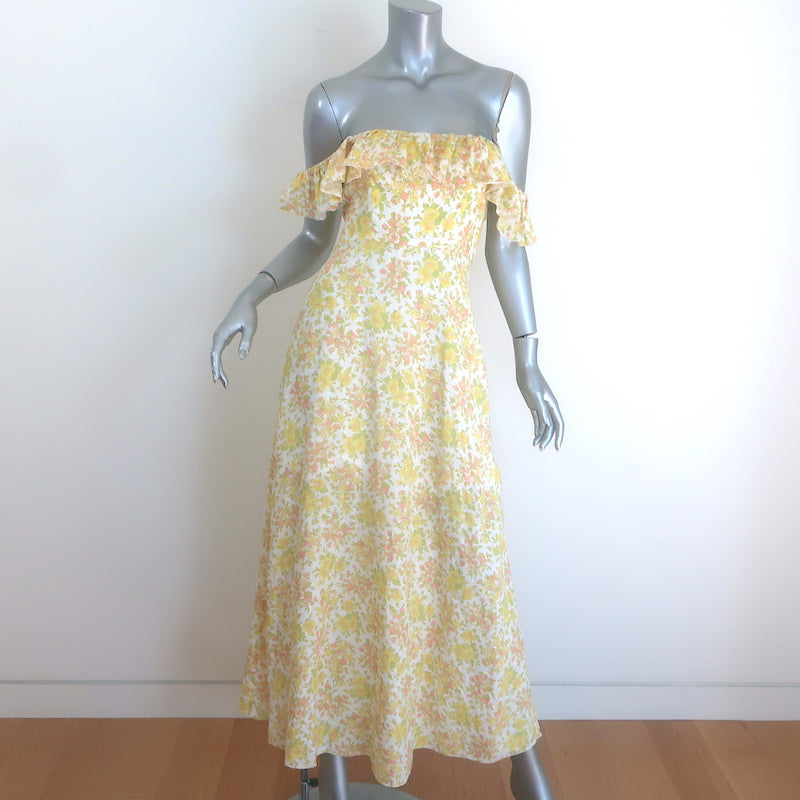 Zimmermann Goldie Ruffled Midi Dress Yellow/Cream Floral Print Linen Size 0