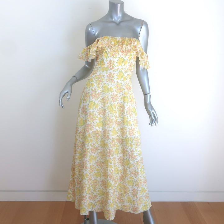 Zimmermann Goldie Ruffled Midi Dress Yellow/Cream Floral Print Linen Size 0