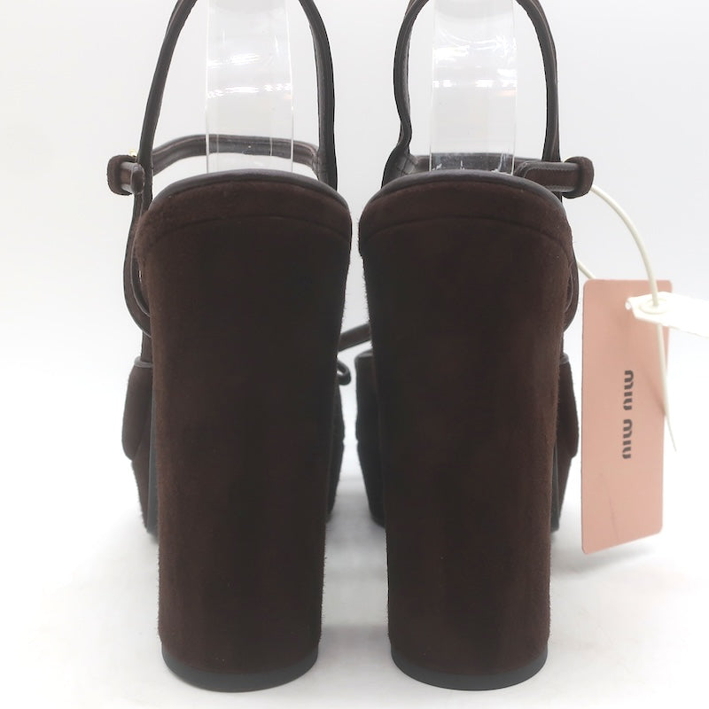 Miu Miu Bow Platform Ankle Strap Sandals Dark Brown Suede Size 38 NEW