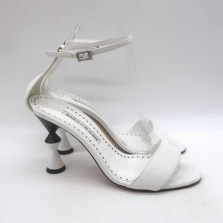 Manolo Blahnik Leda Sculptural Heel Ankle Strap Sandals White Leather Size 37