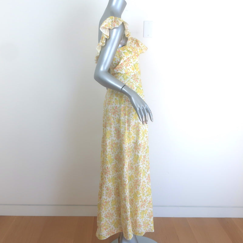 Zimmermann Goldie Ruffled Midi Dress Yellow/Cream Floral Print Linen Size 0