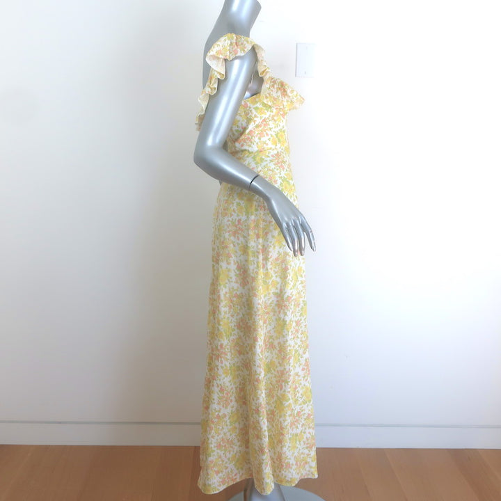 Zimmermann Goldie Ruffled Midi Dress Yellow/Cream Floral Print Linen Size 0