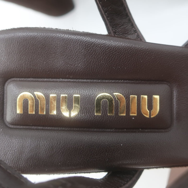 Miu Miu Bow Platform Ankle Strap Sandals Dark Brown Suede Size 38 NEW