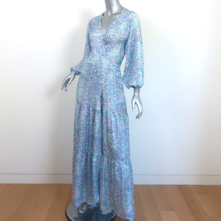 Hannah Artwear Maxi Wrap Dress Emilia Light Blue Floral Print Silk Size 1