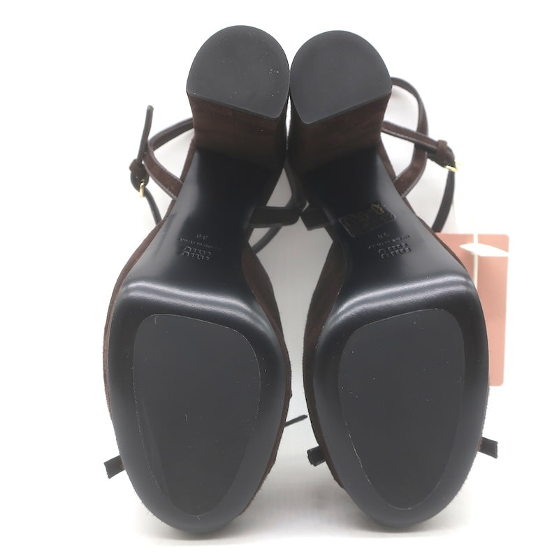 Miu Miu Bow Platform Ankle Strap Sandals Dark Brown Suede Size 38 NEW