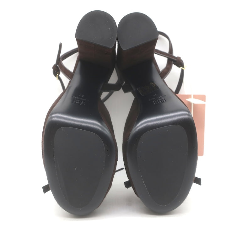 Miu Miu Bow Platform Ankle Strap Sandals Dark Brown Suede Size 38 NEW