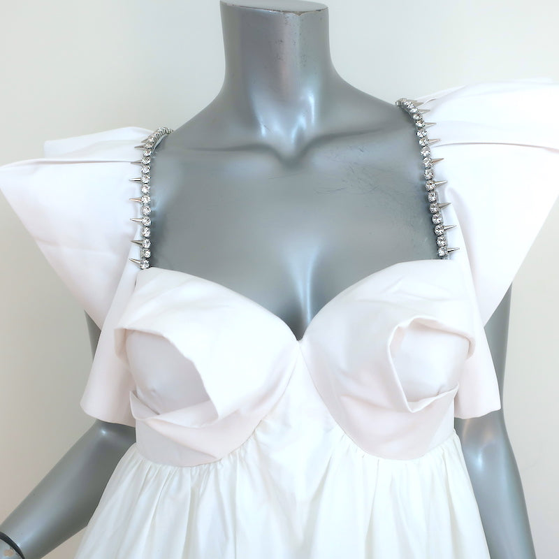 Area Crystal Trim Mini Dress White Cotton Poplin Size 8 NEW