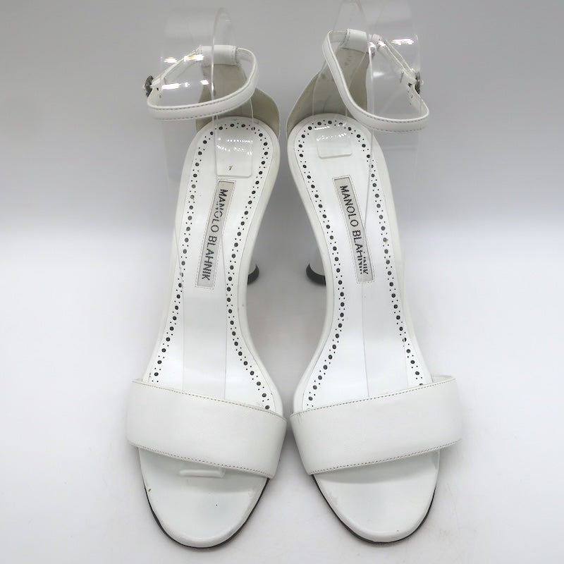 Manolo Blahnik Leda Sculptural Heel Ankle Strap Sandals White Leather Size 37
