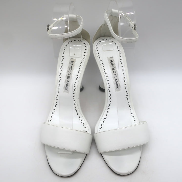 Manolo Blahnik Leda Sculptural Heel Ankle Strap Sandals White Leather Size 37
