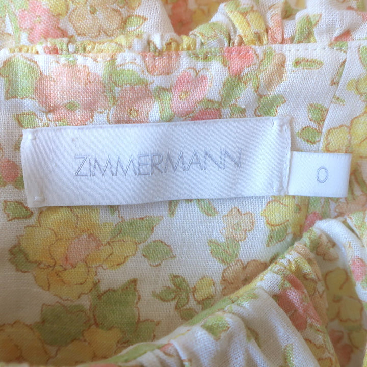 Zimmermann Goldie Ruffled Midi Dress Yellow/Cream Floral Print Linen Size 0