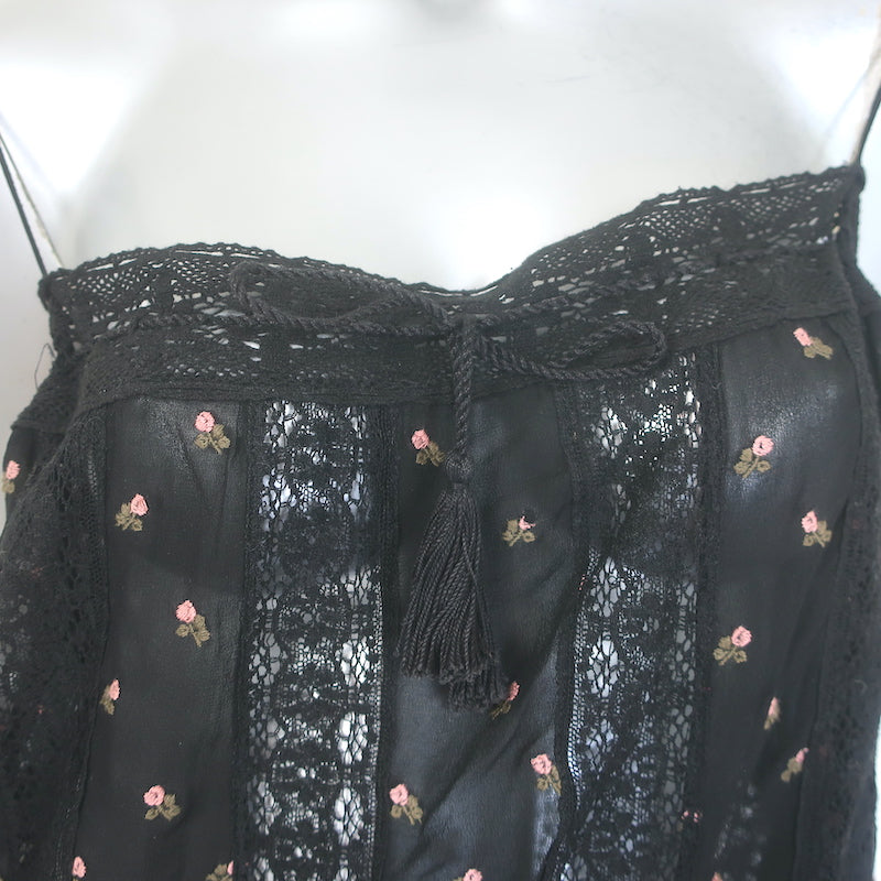 Ulla Johnson Bernie Lace-Trim Tank Top Black Floral-Embroidered Crepe Size 10