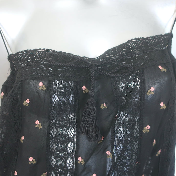 Ulla Johnson Bernie Lace-Trim Tank Top Black Floral-Embroidered Crepe Size 10
