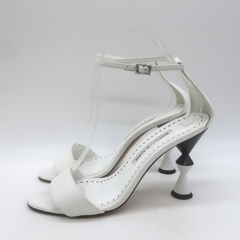 Manolo Blahnik Leda Sculptural Heel Ankle Strap Sandals White Leather Size 37