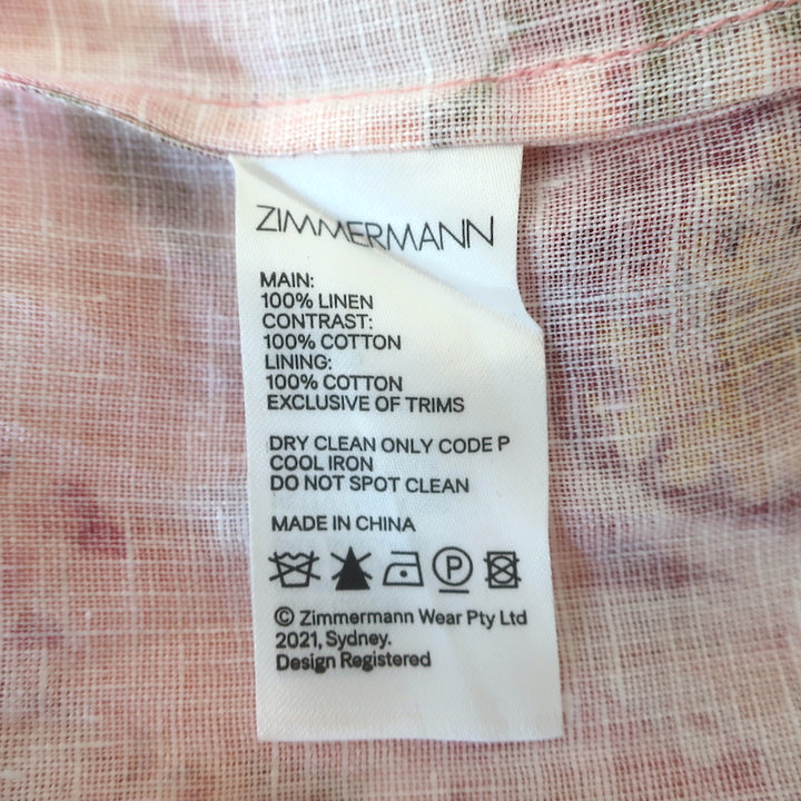 Zimmermann Rosa Midi Dress Pink Floral Print Linen Size 0