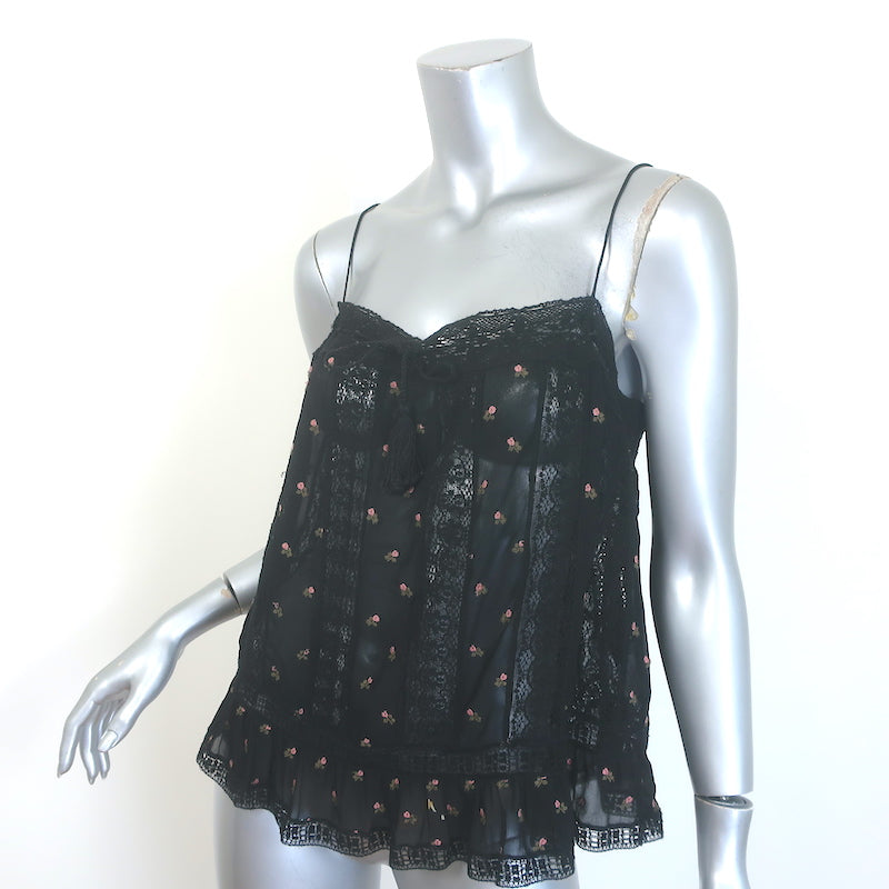 Ulla Johnson Bernie Lace-Trim Tank Top Black Floral-Embroidered Crepe Size 10