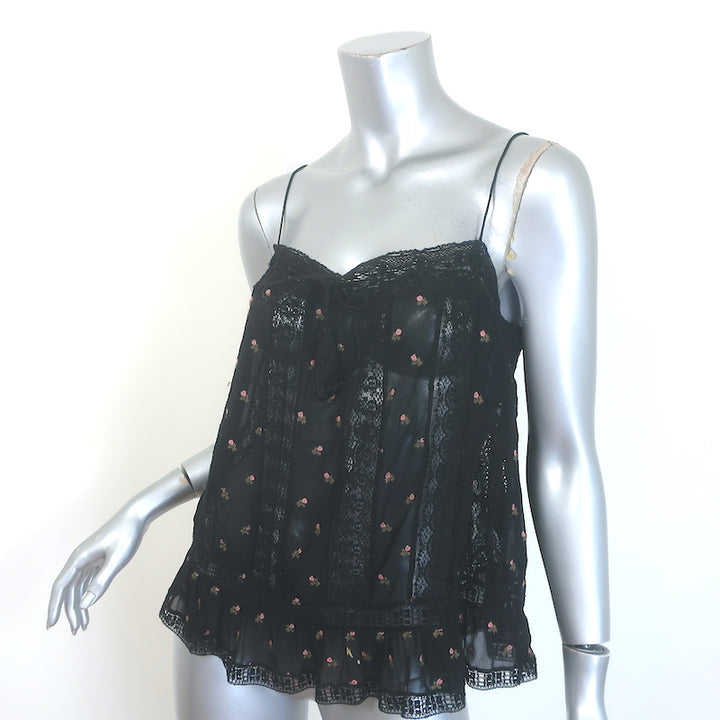 Ulla Johnson Bernie Lace-Trim Tank Top Black Floral-Embroidered Crepe Size 10