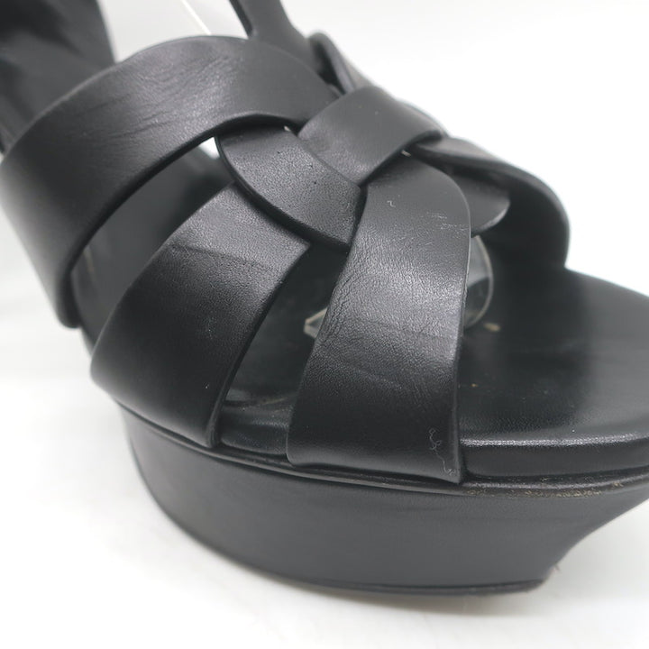 Saint Laurent Tribute 105 Platform T-Strap Sandals Black Leather Size 40