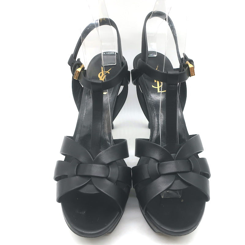 Saint Laurent Tribute 105 Platform T-Strap Sandals Black Leather Size 40